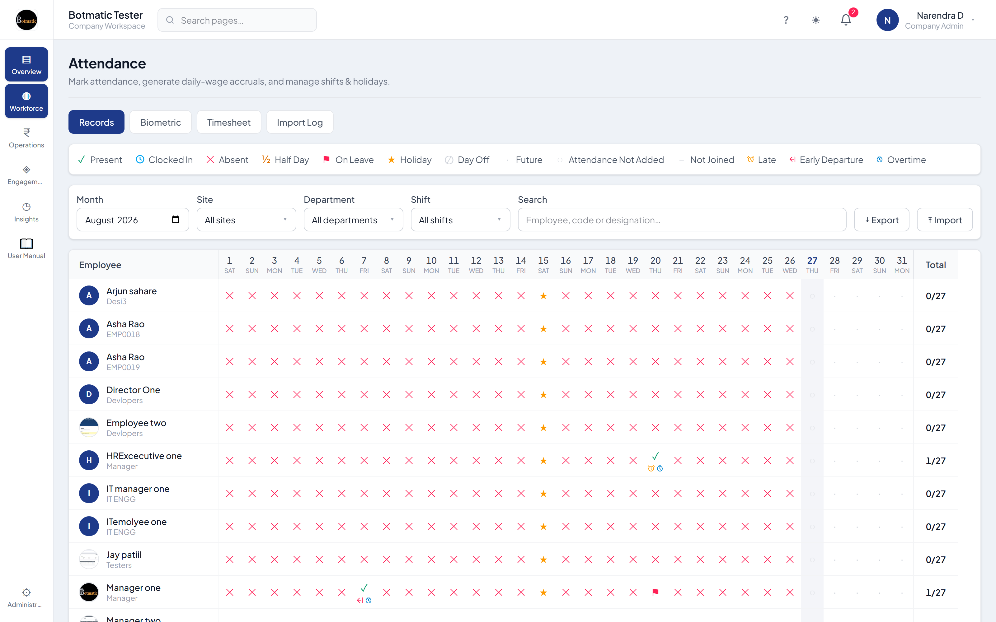 MyBridge attendance screen showing daily punches and per-employee attendance grid