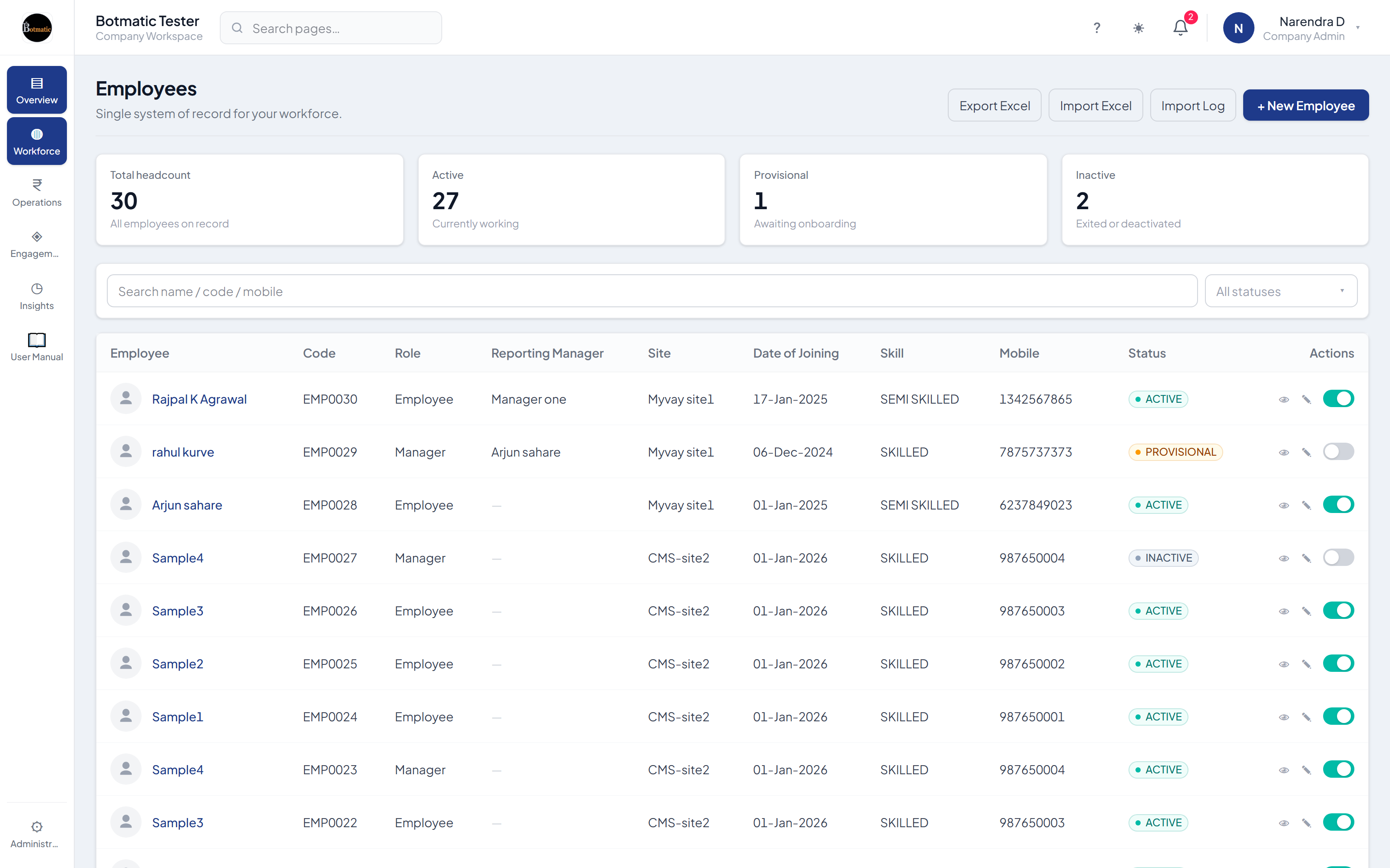 MyBridge employee directory with headcount tiles, search and a filterable employee table