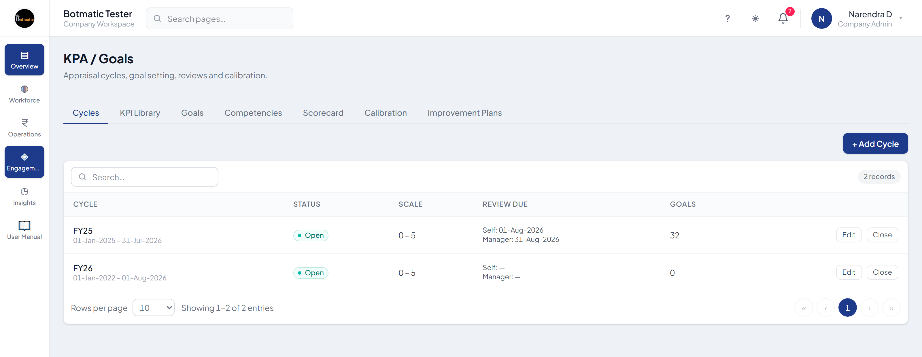 MyBridge KPA and goals screen showing appraisal cycles with review dates and goal counts