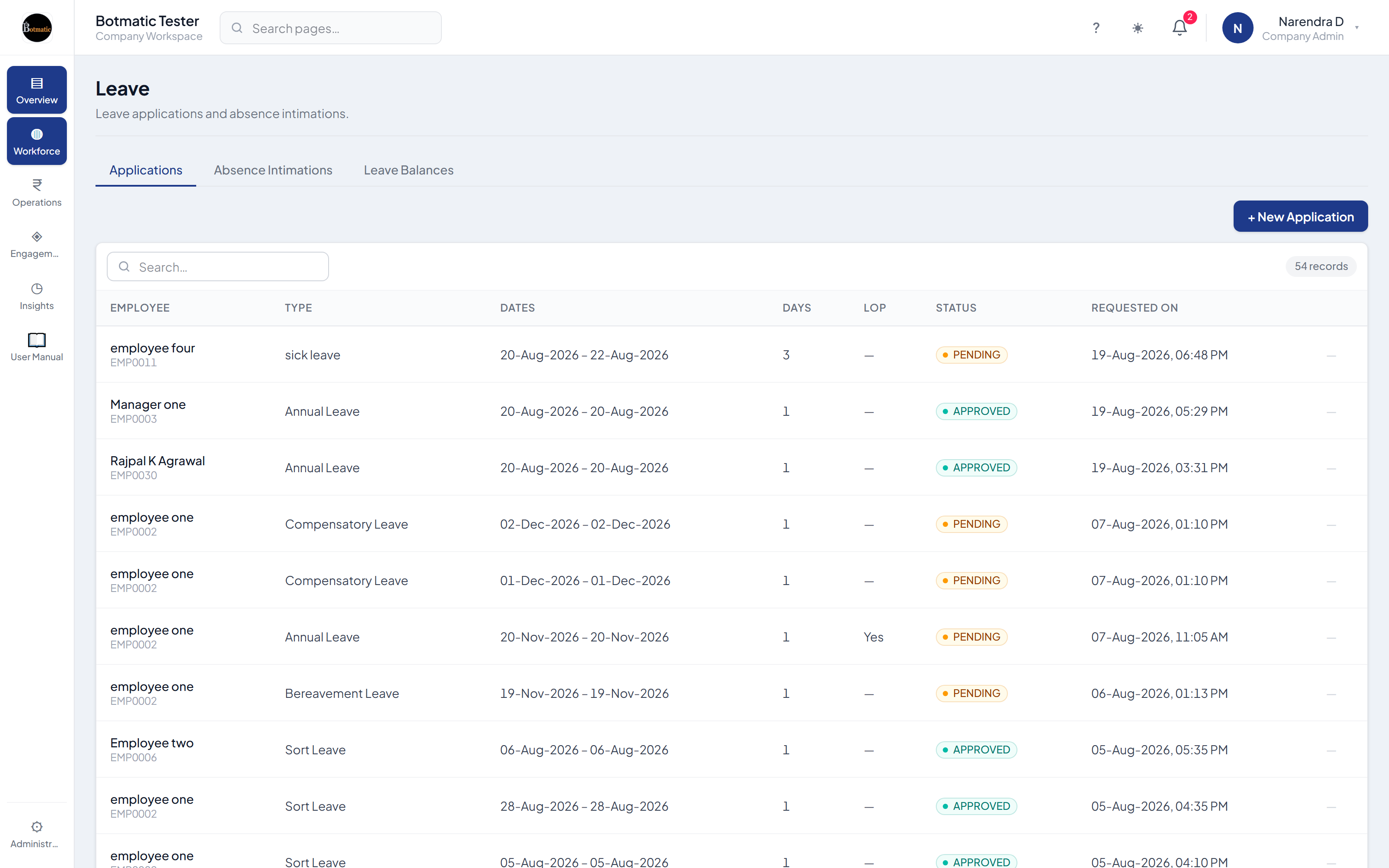 MyBridge leave management screen with leave types, balances and pending requests