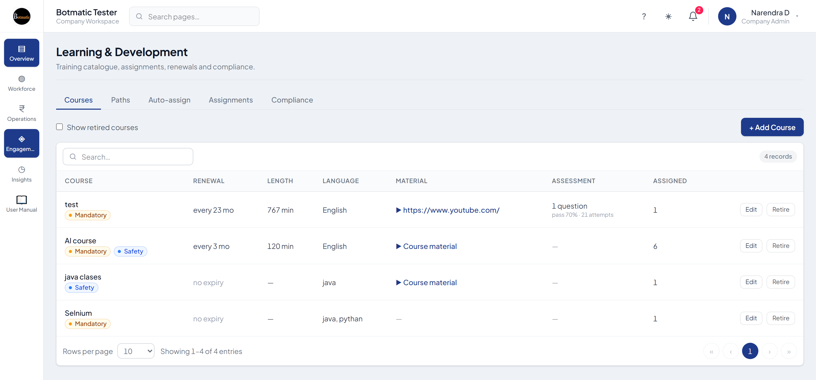 MyBridge learning and development screen showing the course catalogue and enrolments