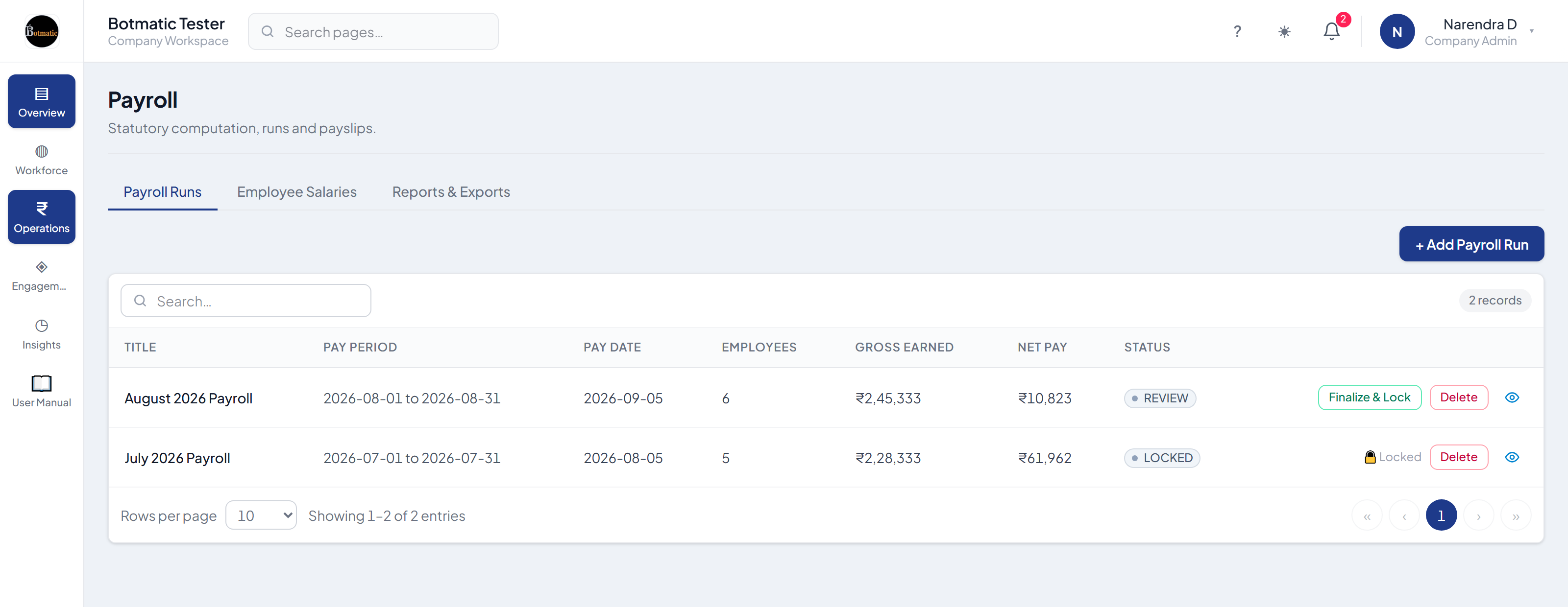 MyBridge payroll runs table showing pay period, gross earned, net pay and run status