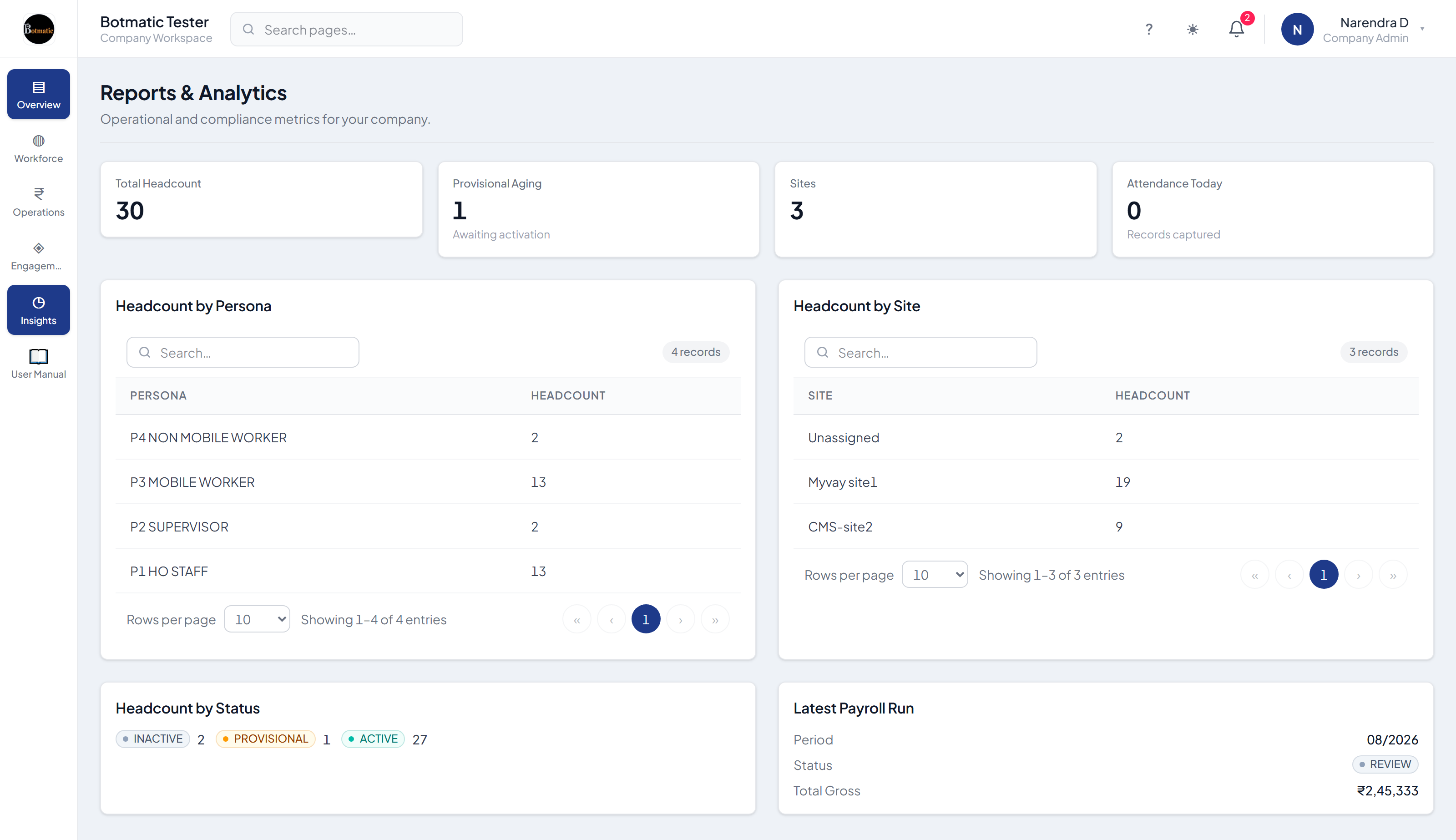 MyBridge reports screen listing attendance, leave and payroll report exports